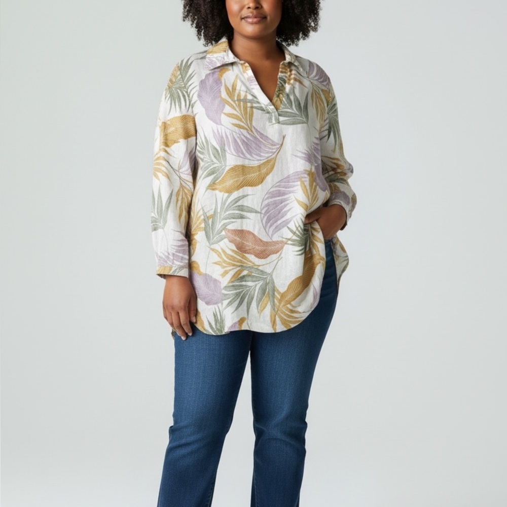 Tahari Cream Tropical Print Linen Collared Blouse Top 2X